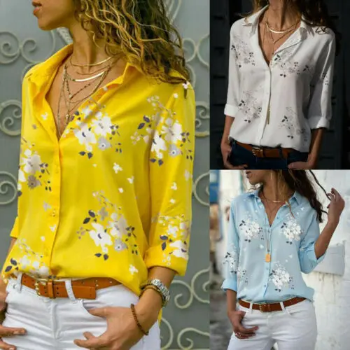 

8 Sizes Summer Women's V Neck Long Sleeve Casual Loose Tops Shirt Ladies Plain Button Blouse Shirts