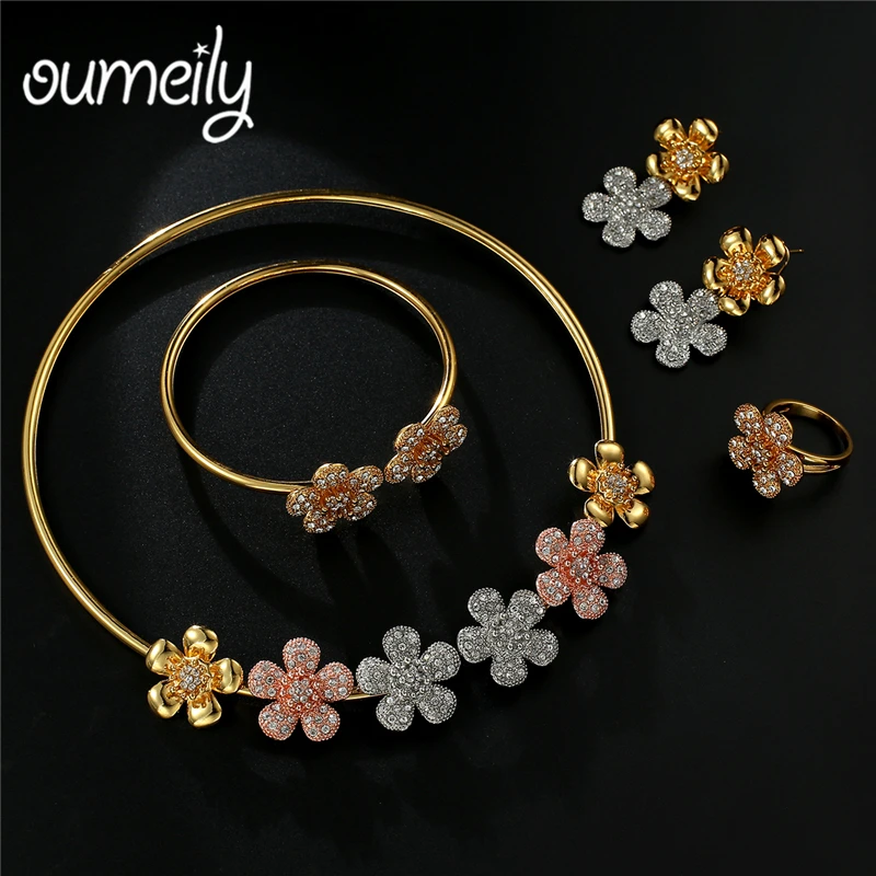 

OUMEILY Nigerian Flower Imitation Crystal Jewelry Set For Women Wedding Party Dubai Rose Gold Silver Colo African Jewelry Sets