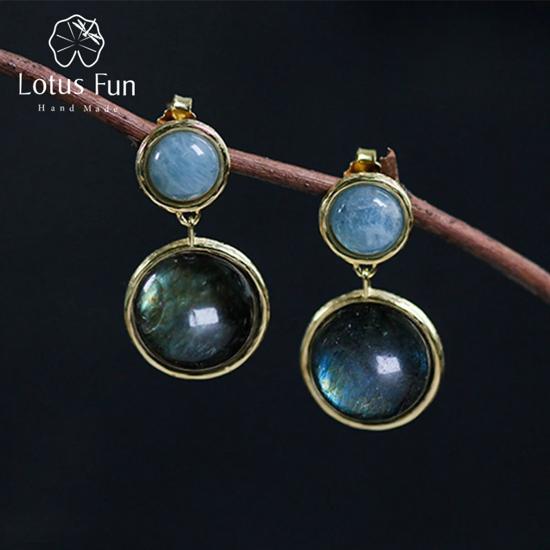 

Lotus Fun Real 925 Sterling Silver Natural Labradorite Handmade Fine Jewelry Mysterious Lake Dangle Earrings for Women Brincos