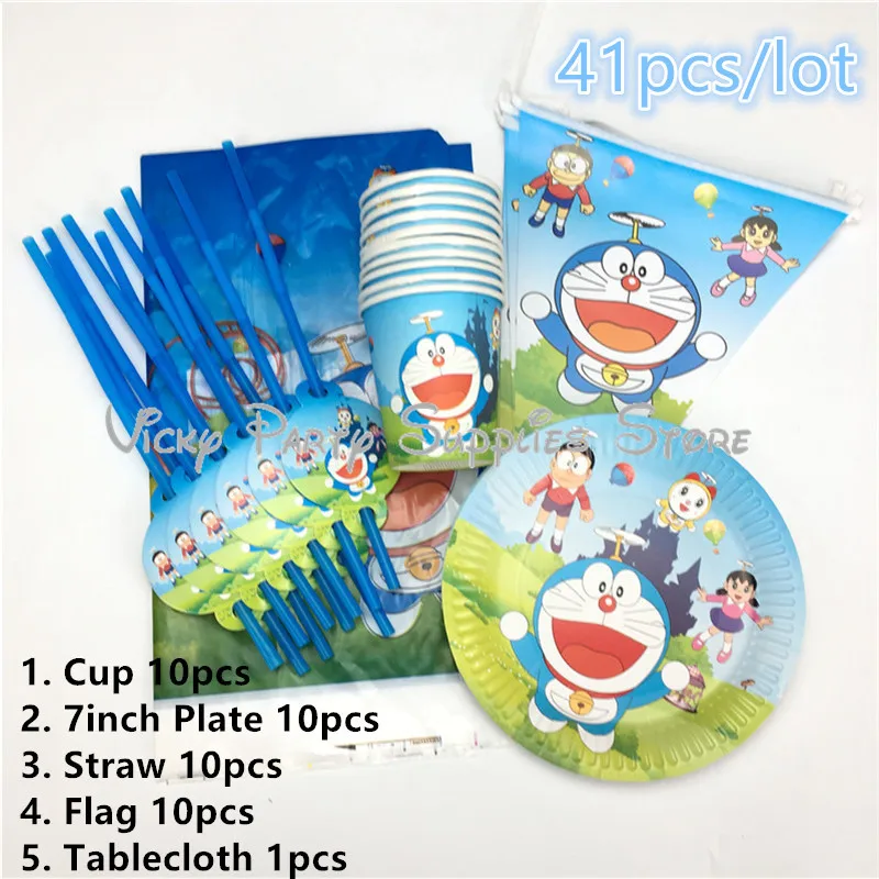 41 шт./лот Doraemon тема вечерние одноразовые Tabelware комплект детский душ кружка ко дню рождения пластины столовые приборы для вечеринки
