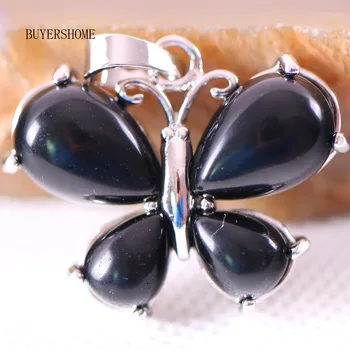 

Silver Color Natural Stone Bead Black Onyx Women Butterfly Necklace Pendant 1Pcs K465
