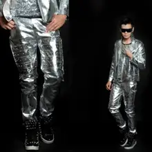 XS-5XL! Европейская стильная мужская новая певица ди-джей GD Женская модная Серебряная заклепка кожаная куртка брюки набор Брюки Сценические костюмы
