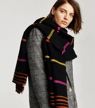 

Europe and the United States autumn winter counters with the same color striped cashmere scarf thickening art RETRO shawl
