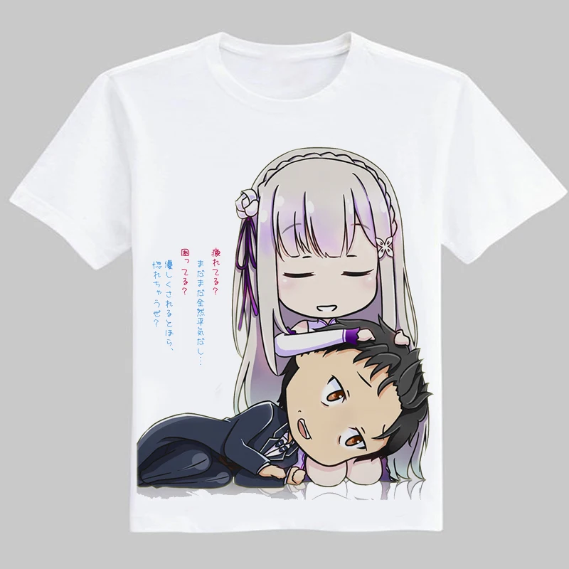 Coshome ReZero Kara Hajimeru Isekai Seikatsu Ram Rem Cosplay T-shirts Costumes Emilia T shirts Men Women Short Sleeves Tops
