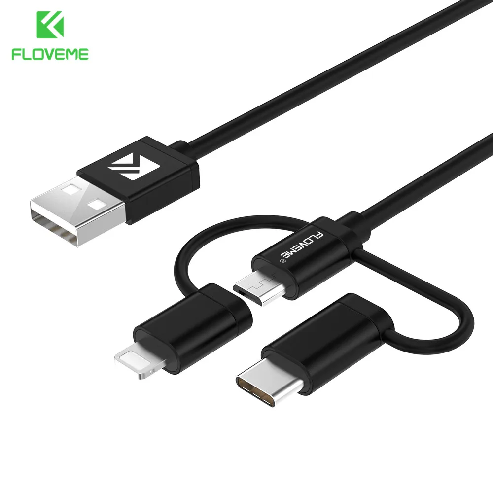 

FLOVEME 3 in 1 USB Cable Micro USB Type-C Cables For iPhone X XR 7 8 Plus For Samsung Huawei Xiaomi 3 in 1 Data Charging Cable