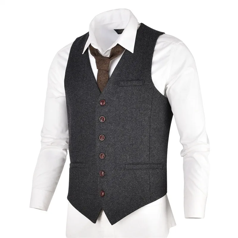 Dress Vests VOBOOM Wool Tweed Mens Waistcoat Single-breasted Herringbone Slim Fitted Suit Vests 007