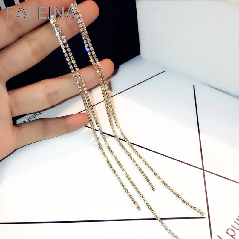 

FAFEINA New Fashion Long Earrings Women Tassel Earrings For Women Exaggerated Gold & Silver Color Rhinestone Drop Earrings