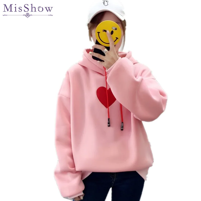 

MisShow Chic Heart Hoodie Plus Size Fleece Lined Hoodies Women Loose Korean Style Women Pullover Sweatshirts Sudadera Mujer