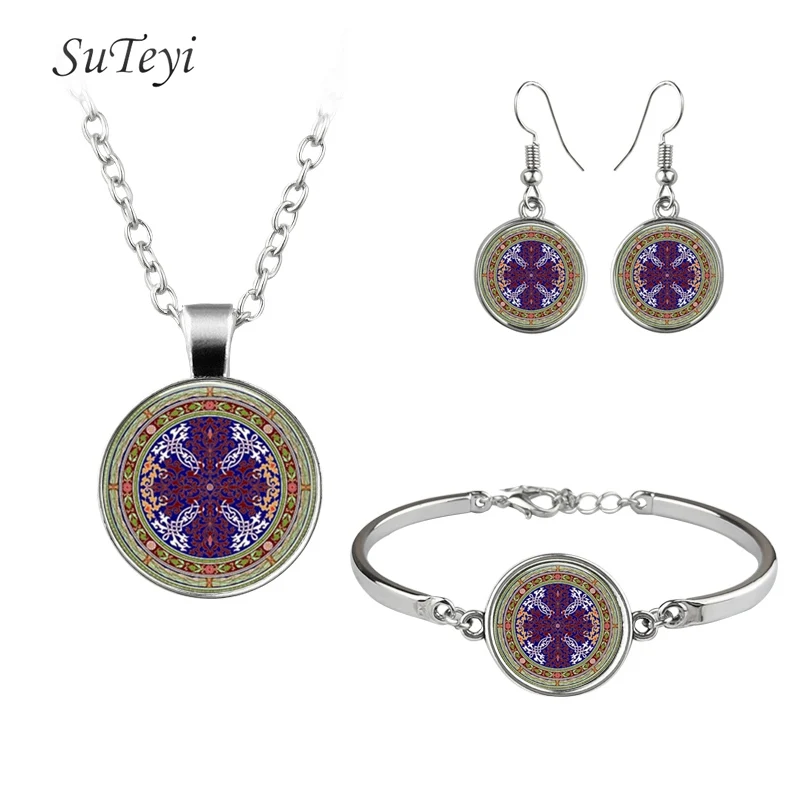 SUTEYI, модное ожерелье, серьги, браслет, ювелирный набор, мандала, цветок, хрустальное ожерелье, s, круглые стеклянные серьги, художественное изображение, браслеты - Окраска металла: 2