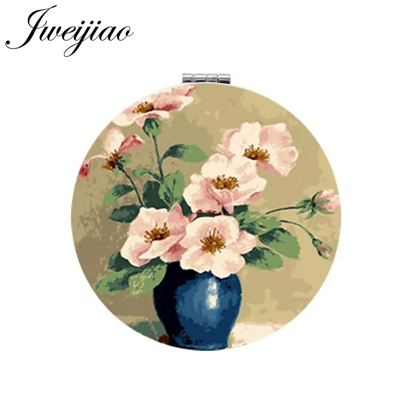 

JWEIJIAO Painting Craft Art Picture Flower Makeup Mirror Mini Round Folding Compact PU Leather Compact Pocket Mirror Vanity