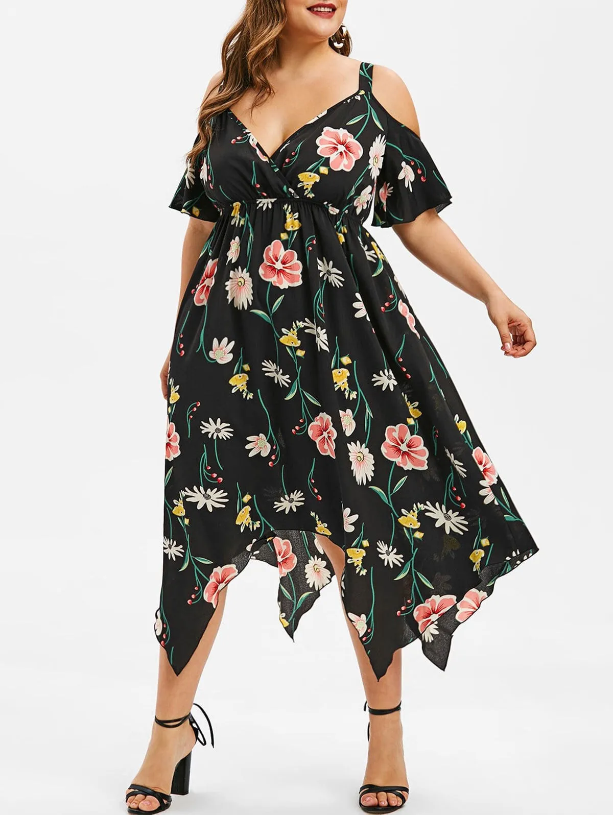 

Plus Size Fashion Women Floral Printed Short Sleeve V-Neck Cold Shouder Dress Features Casual summer dress C30508