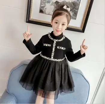 

Girls autumn and winter new plus velvet foreign sparkling diamond princess dress girl bud silk yarn small fragrance fluffy dress