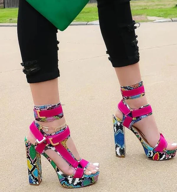 

Sexy Women Multi-Snakeskin Chunky Heel Sandals Platform Buckle Strap Shoes Ankle High Top Fuchsia Python Patchwork Dress Sandal