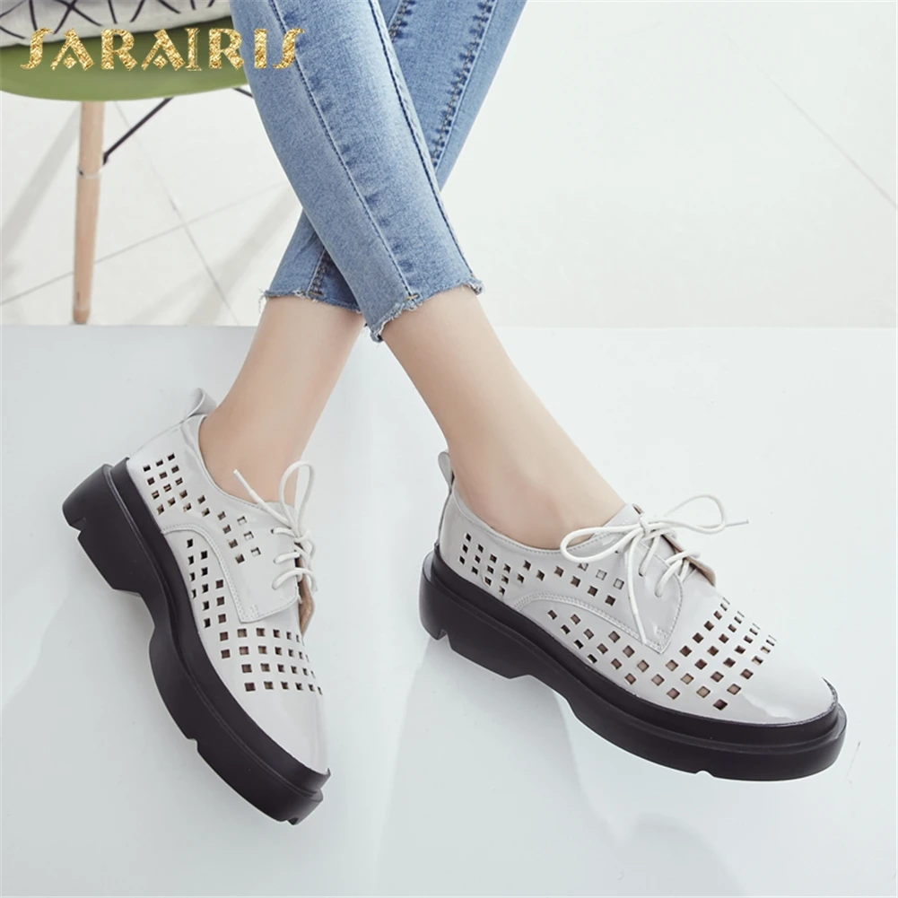

SARAIRIS Top Quality Patent Leather Lace Up Flat Platform Loafers Shoes Woman Flats Comfortable Office Flats Woman Shoes 2019