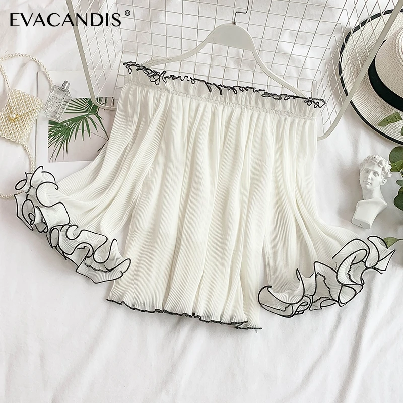 

Ruffle Off Shoulder Short Women Blouse Korean Summer Chiffon Beach White Black Sexy Elegant Bell Sleeve Women Shirt Crop Top