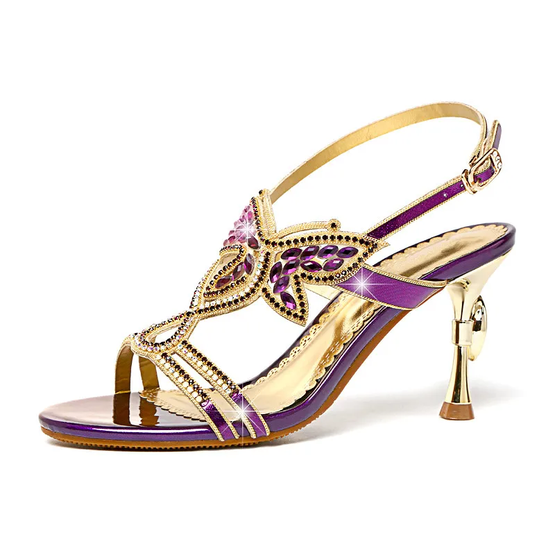 Пикантные женские сандалии обувь на высоком каблуке брендовые Стразы туфли на высоком каблуке с ремешком; женские Босоножки с открытым носком; вечерняя Обувь с ремешками на щиколотке женские XMX-B0028 - Цвет: Фиолетовый