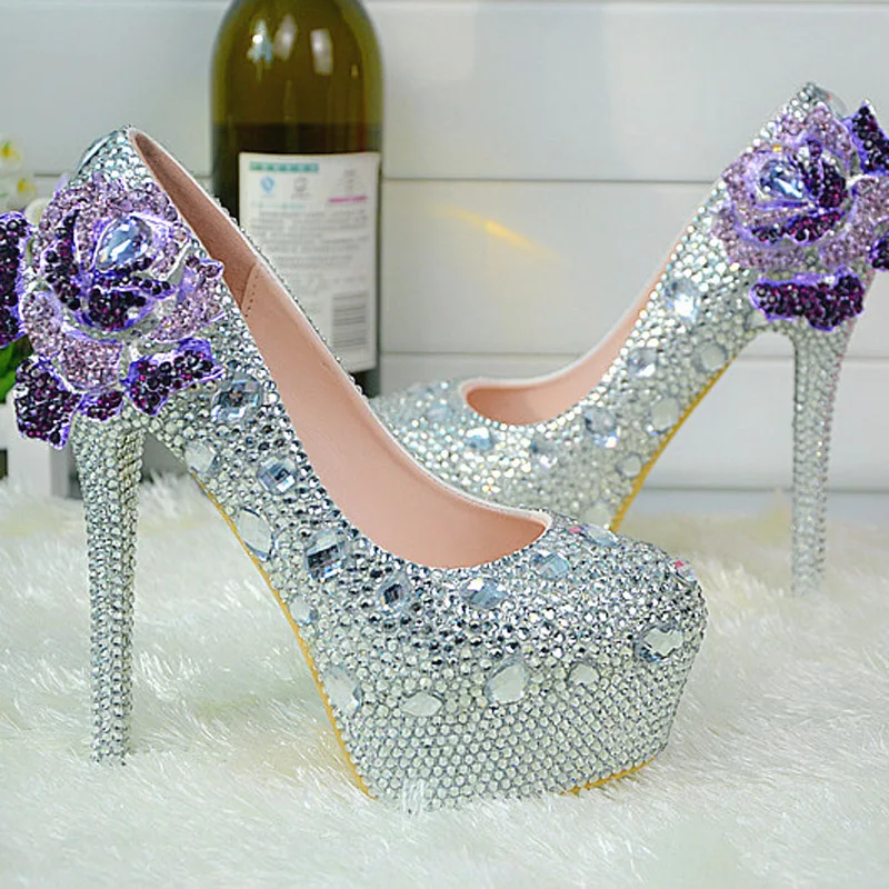 High Heel Bridal Dress Shoes Women Prom Party Pumps Rhinestone Crystal Wedding Shoes Platform Silver Bridesmaid Shoes Plus Size