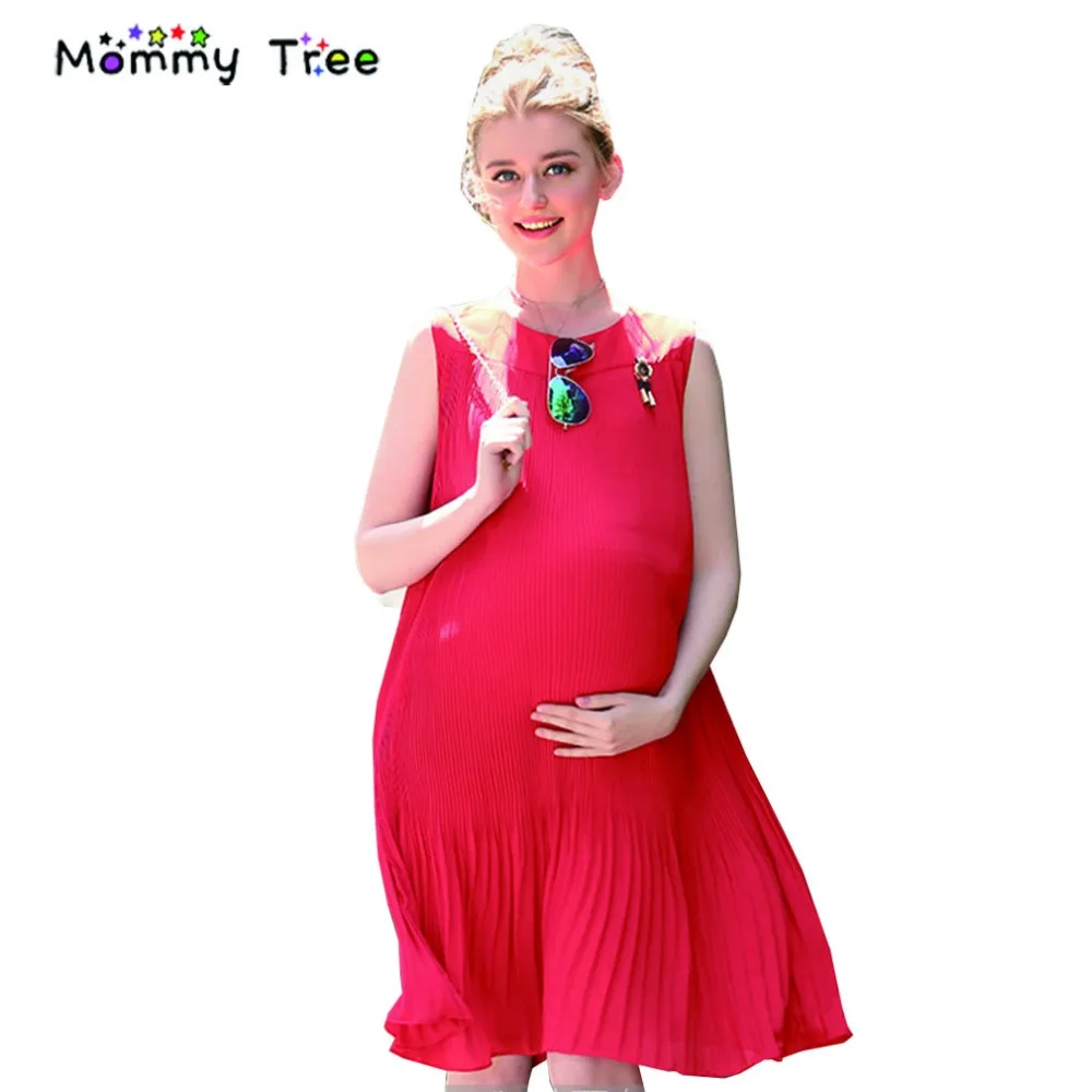 Summer Sleeveless Pleated Chiffon Maternity Dresses for Pregnant Women