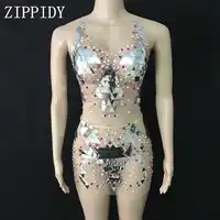 Colorful Pearls Rhinestones Mesh Outfit See Through Dance Wear Mirrors Outfit Nightclub Singer Silver Sequins Top Skirt