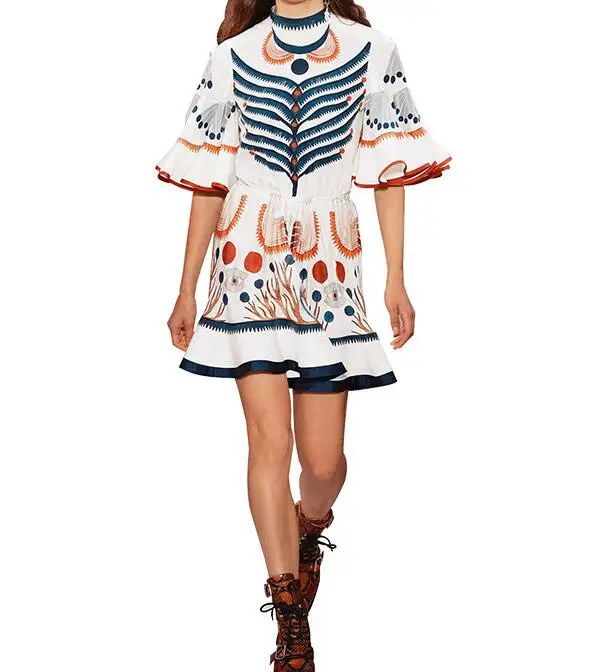 

2018 Luxury Woman FOLK Print 100% Silk Mini Dress Stand Collar Short voluminous fluted sleeves flounce hem playful DRESS ZIPPER