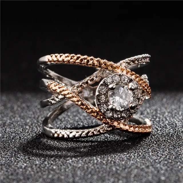 Modyle Fashion Rose Gold and White Gold Color Rings for Women Double Letter X Shape Ring Zirconia Micro Paved Women