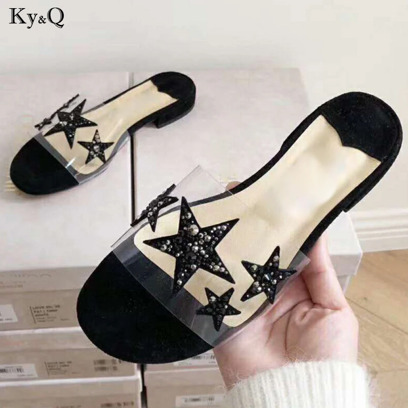 

Summer New 2019 European And American Ladies Fashion Stars Rhinestones Comfortable Open Toe Beach Wild Flat Slippers