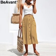 BeAvant, элегантная женская юбка с карманами из хлопка и льна, повседневная, на пуговицах, высокая талия, женская юбка,, летняя, Пляжная, праздничная, длинная, юбки