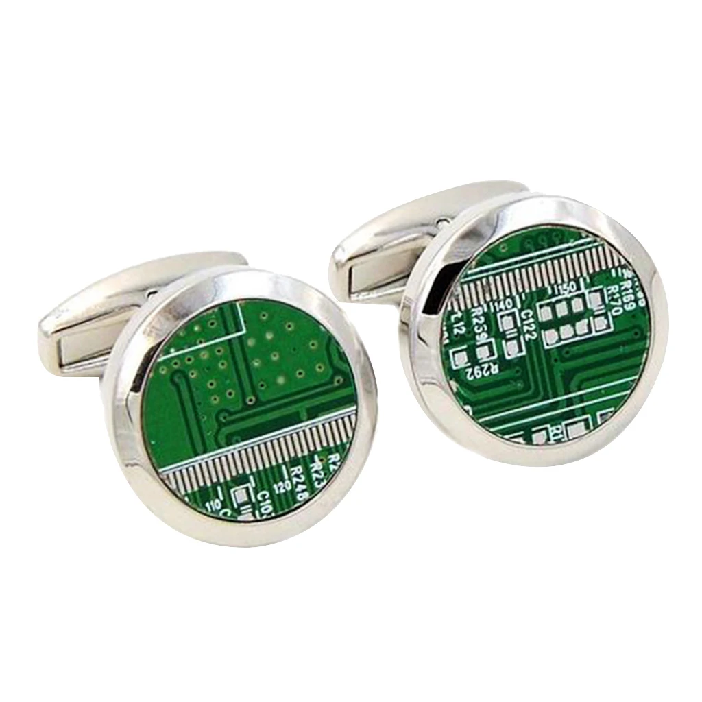 Novelty Men`s Brass Green PCB Cuff Links Round Circuit Board Design Cufflinks 16mm 18mm 20mm