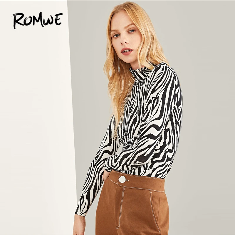 ROMWE/футболка с принтом зебры с высоким воротом,, сексуальная Весенняя футболка, Женская Осенняя черная белая футболка с длинным рукавом, модная женская облегающая футболка