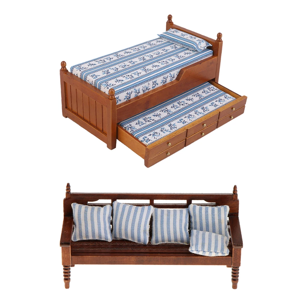 Modern Wooden Miniature 2-Layers Bed Chair Cushions Sofa Kit for 1/12 Dolls House Bedroom Decoration Accessories