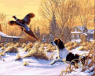 Dog lying on the ground and bird in the village animal coloring by numbers art canvas painting wall pictures for living room home decor