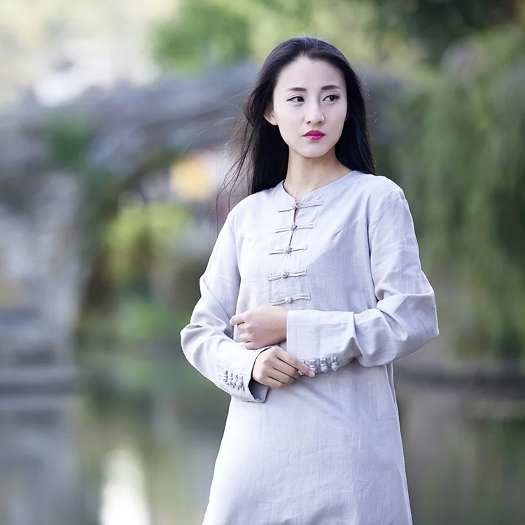 Китайский стиль, длинный рукав, хлопок, лен, Женская Удлиненная блуза, юбка, винтажный дизайн, Повседневная рубашка, однотонные женские топы, Blusas B171