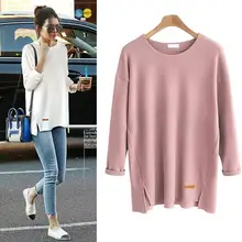 Летняя футболка Повседневная Хлопок Полиэстер шесть цветов сплошной длинный рукав o-образным вырезом женские длинные топы хлопок модная футболка