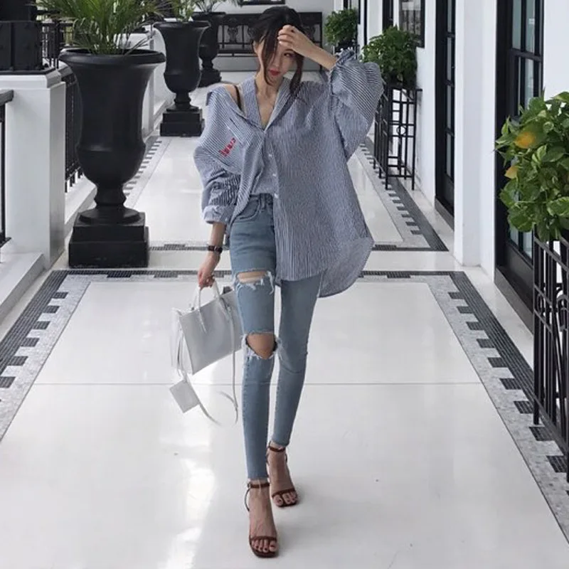 

Office Lady Jean Pants Slim Women Ankle- Length Hole High Waisted Jeans Skinny Blue Pencil Pants