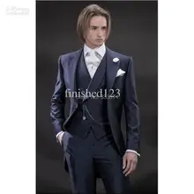 Мужского покроя темно-жених Костюмы двубортный Утро Стиль Смокинги для женихов Best человек Жених Для мужчин свадьбу куртка+ Брюки для девочек+ галстук+ жилет