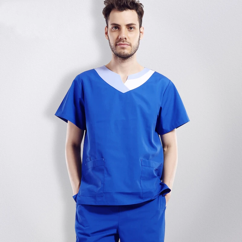 Синяя Больничная хирургическая форма с короткими рукавами для медсестры, для мужчин и женщин, с v-образным вырезом, дышащие топы, штаны, медицинский комплект для скрабов