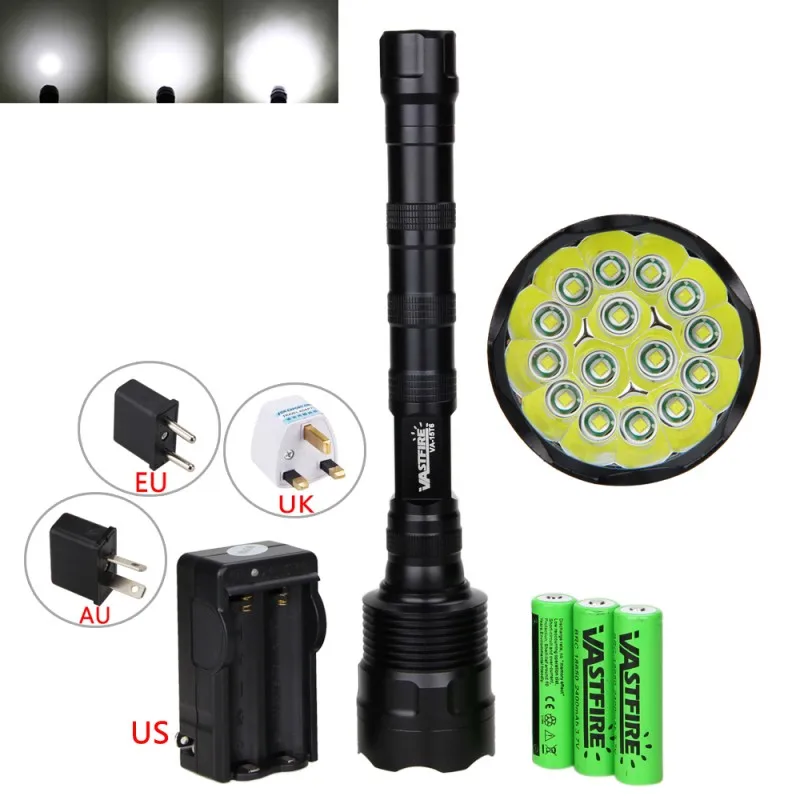 

Military 3000Lm 15x XM-L T6 LED Tactical Flashlight Torch Lamp Hunting Hiking Camping 5Mode Light with 18650+Charger