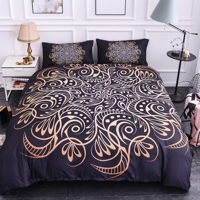 

Boniu Lotus Flowers Bedding Set 3D Golden and Black Print Duvet Cover with Pillow Covers US UK AU Queen Size Soft Bed Set 3pcs