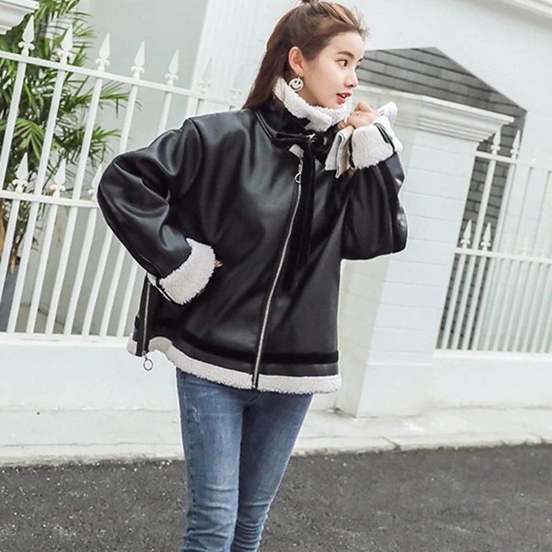 

b woman Motorcycle clothing 2018 winter new lamb hair plus velvet thick fur one short coat jacket woman PU leather jacket