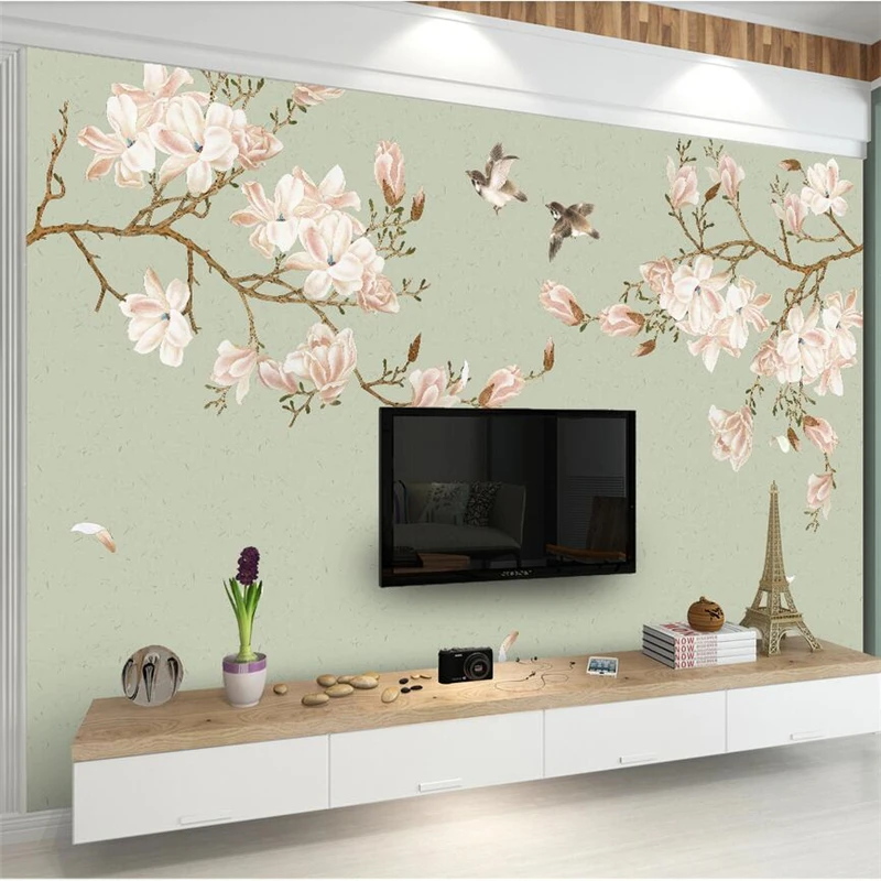 

wellyu New Chinese Magnolia hand-painted pen flower bird background custom large mural wallpaper papel de parede para quarto