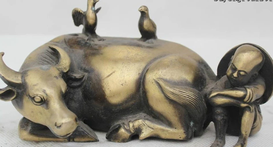 

4"China Chinese Folk Bronze Lucky Lifelike cowboy Ox cow Cattle Bird Statue