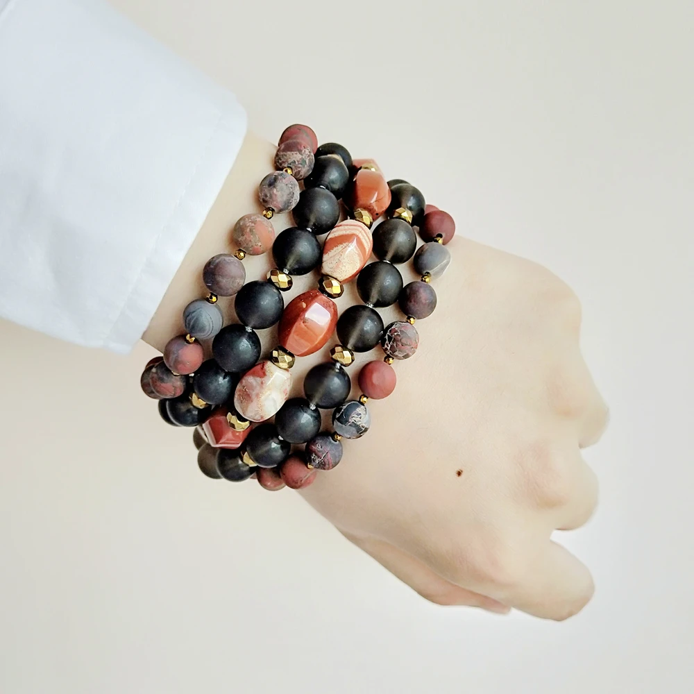 

Lii Ji Red Jaspers Smoky quartzs Hematite 5 rows OT Clasp Bracelet Bohemia Style Jewelry Drop shipping