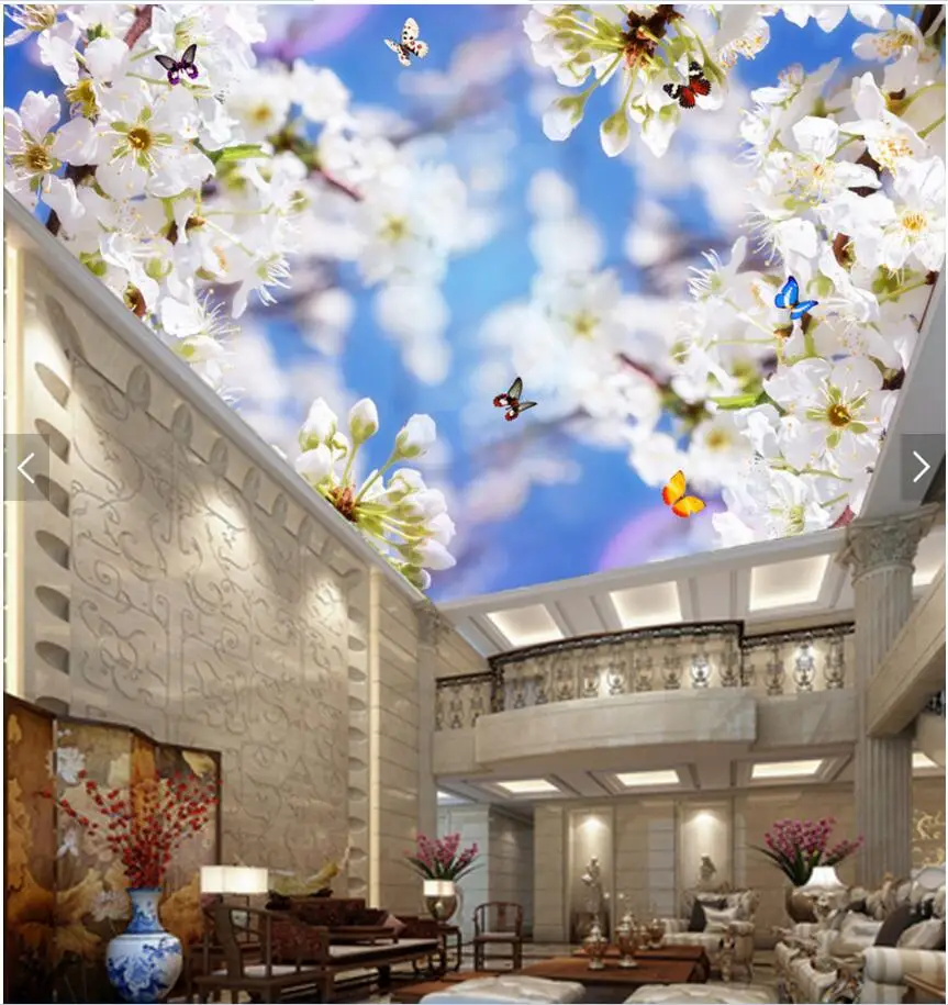 Пользовательские фото фон 3D потолочные фрески обои свежий и белый цветок веточку бабочка номер живопись обои для стен 3d