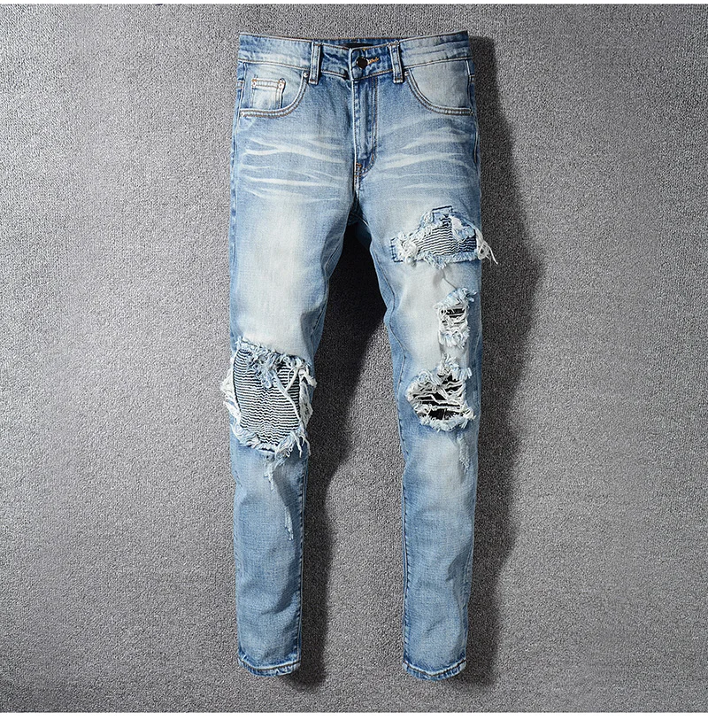 Мужские джинсы со складками Sokotoo голубые байкерские штаны с лоскутами стрейчевые зауженные брюки для езды на мотоцикле