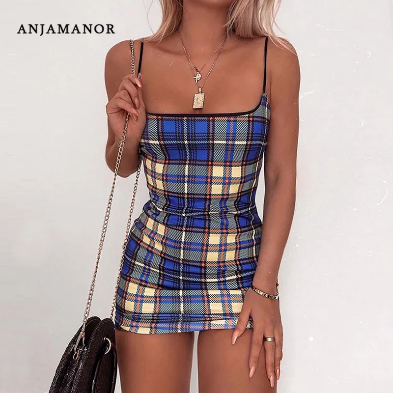 En Ligne ANJAMANOR bleu Plaid Spaghetti sangle Mini robe moulante femmes Sexy tenue de club décontracté vacances robes de pansement été 2019 D83 I80
