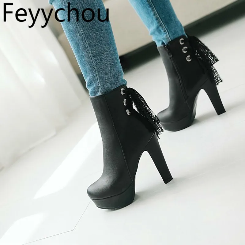 

Women's Boots Autumn Winter Warm Super High-heeled Mid Calf Round Toe Zip Platform 2018 Sexy New Fashion Pu Wedding Black White