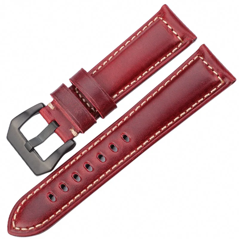 Genuine Leather Watchband Bracelet 20 22 24 26mm Women Men Oil Wax Cowhide Blue Green Red Brown Wach Band Strap Steel Buckle - Цвет ремешка: Red Brown Black