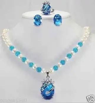 

FREE shipping Charming! 7-8mm White Cultured Pearl & Blue stone Necklace Earring Ring new