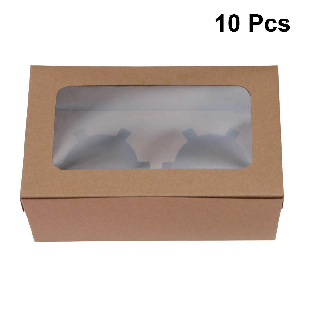 

10pcs/Set 2 Cavities Paper Cupcake Practical Box Dessert Containers Bakery Cake Carriers For Home Dessert Shop (Brown)