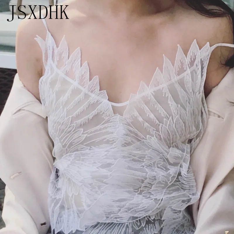 

JSXDHK Runway Luxury Summer Women Crop Tops 2018 Designer Embroidery Floral Mesh Patchwork Sexy V Neck Halter T Shirt Tank